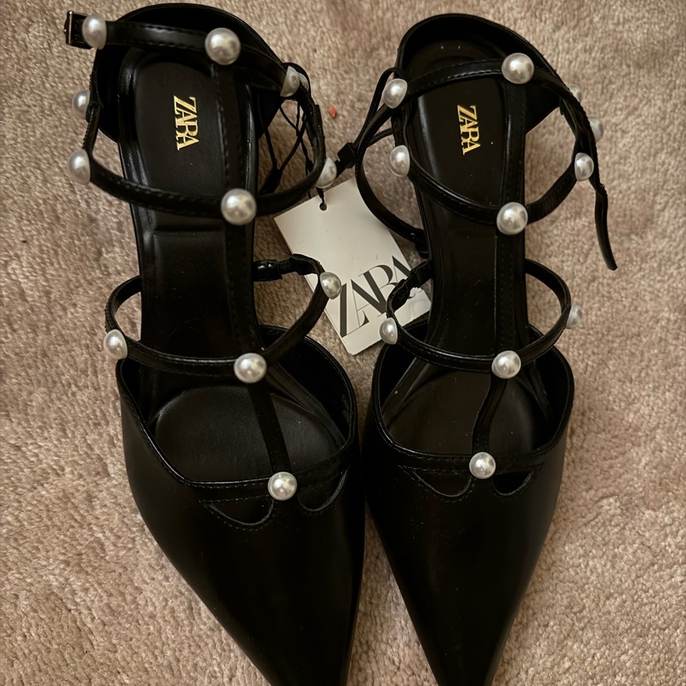 Zara Black Heels with Pearl Accents